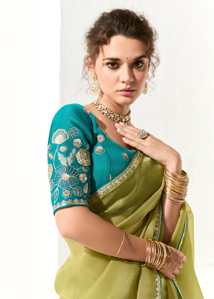 Apple Green Organza Tissue Silk Saree