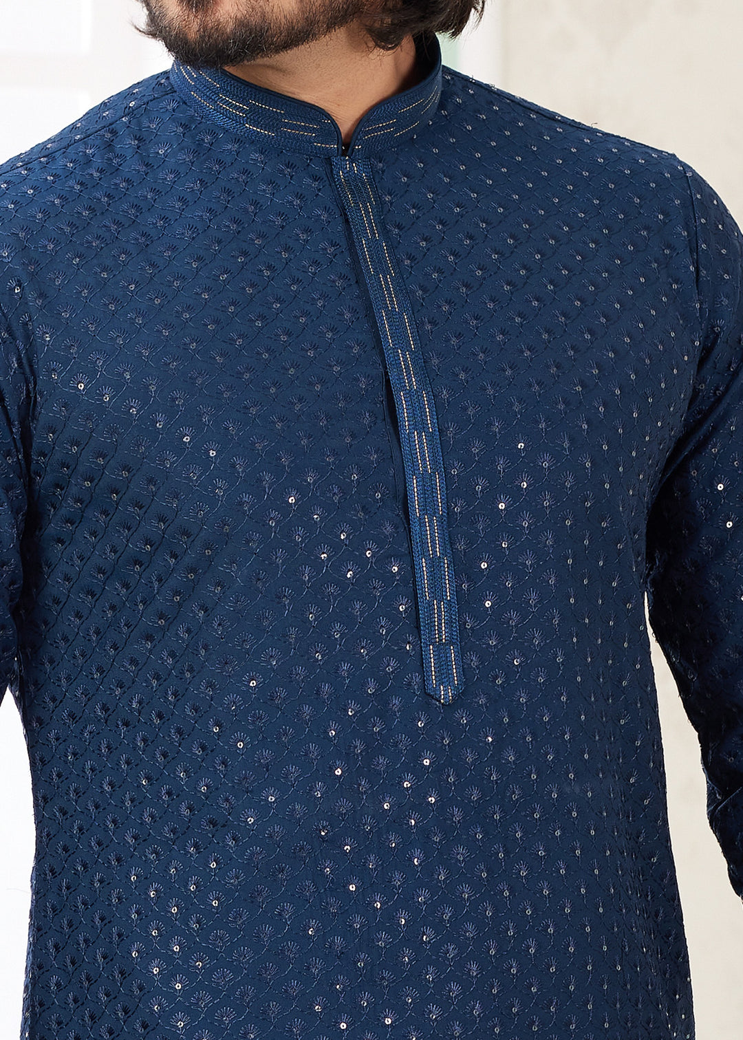 Teal Blue Silk Mens Kurta Set With Thread Embroidery Work