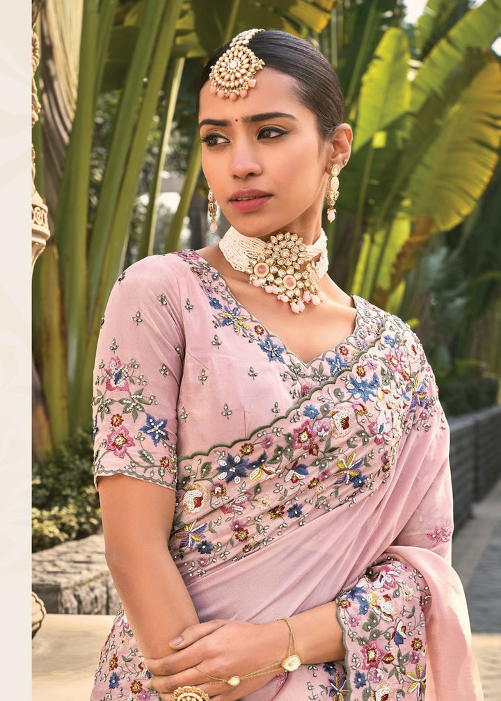 Pink Pure Banarasi Jari Saree With Moti Work