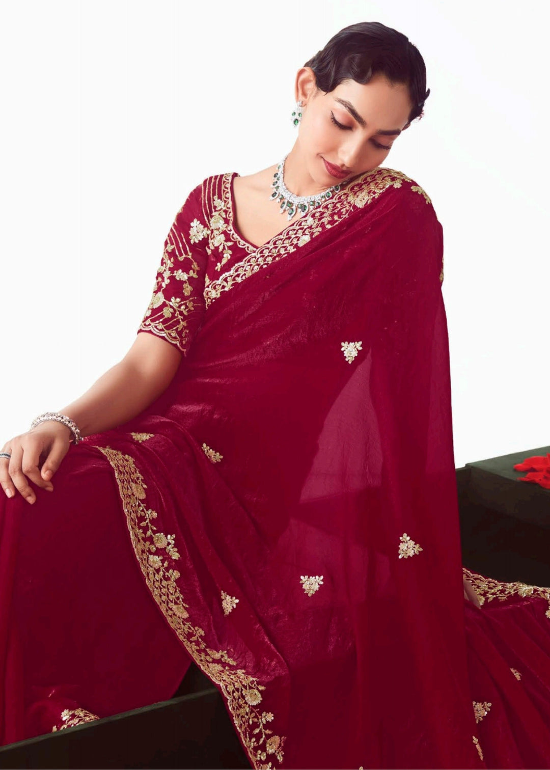 Maroon Red Fancy Fabric Silk Saree With Hand Embroidered Work And Cut Work Border