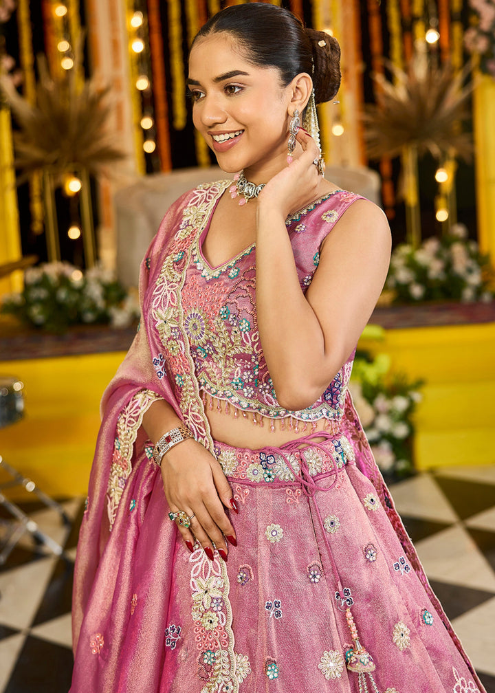 Pink Satin Silk Lehenga Choli with Sequinned Embroidered