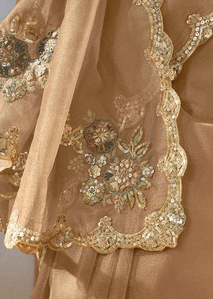 Wheat Brown Fancy Silk Saree With Printed Blouse