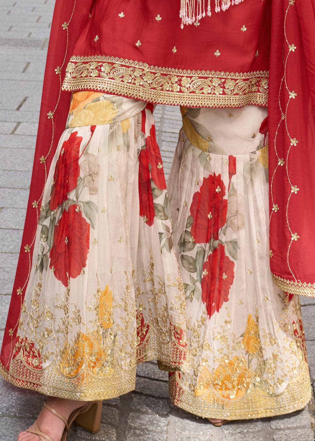 Cherry Red Chinon SIlk Palazzo Suit With Embroidered Work : Top Pick