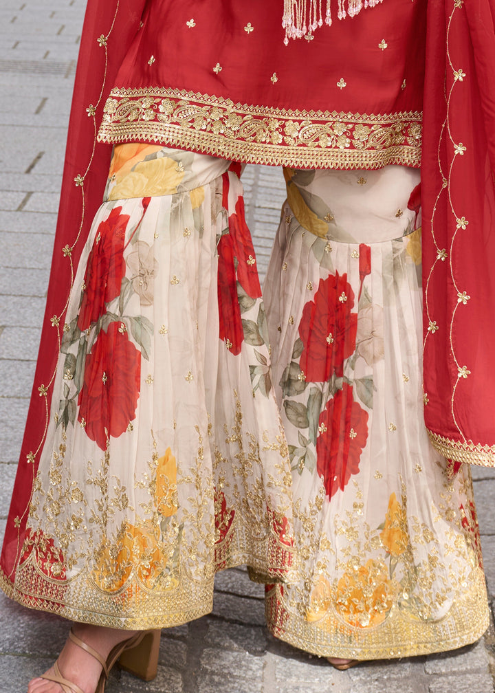 Cherry Red Chinon SIlk Palazzo Suit With Embroidered Work : Top Pick