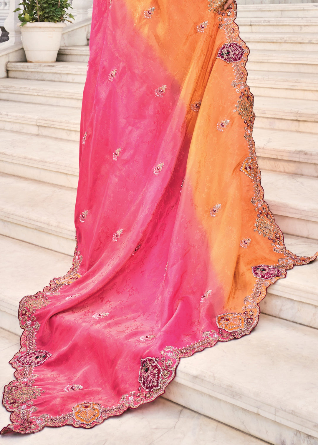 Orange - Rani Natural Crape Jaquard Saree With Jari Work