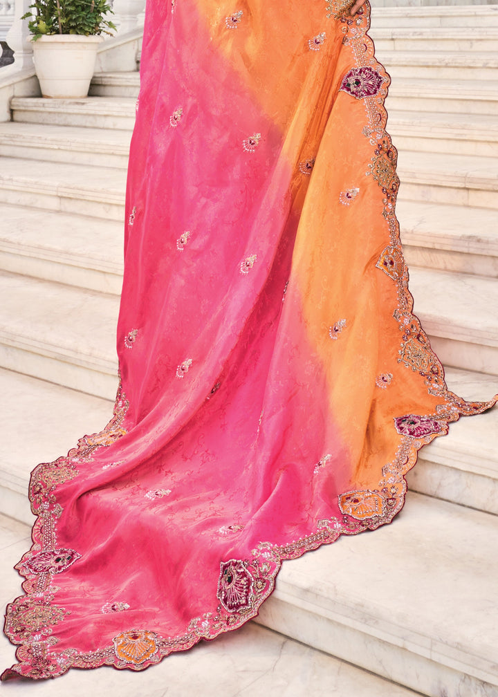 Orange - Rani Natural Crape Jaquard Saree With Jari Work