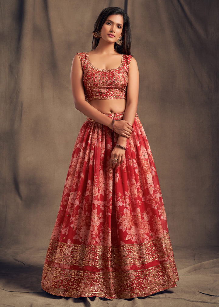 Red Organza Lehenga Sequins Zari Embroidery Work