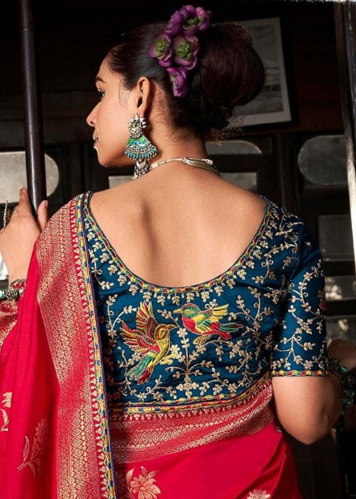 Red Soft Dola Viscous Silk with 3d Weaved Pallu and contrast blouse Saree