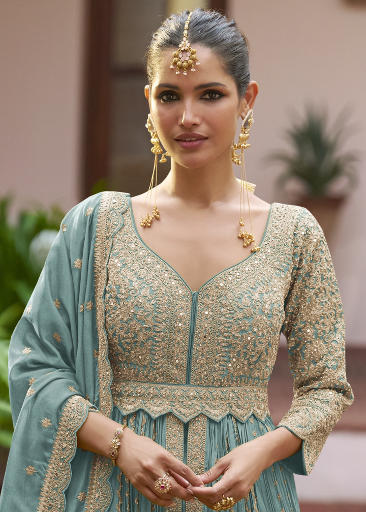 Turquoise Teal Chinon Salwar Suit