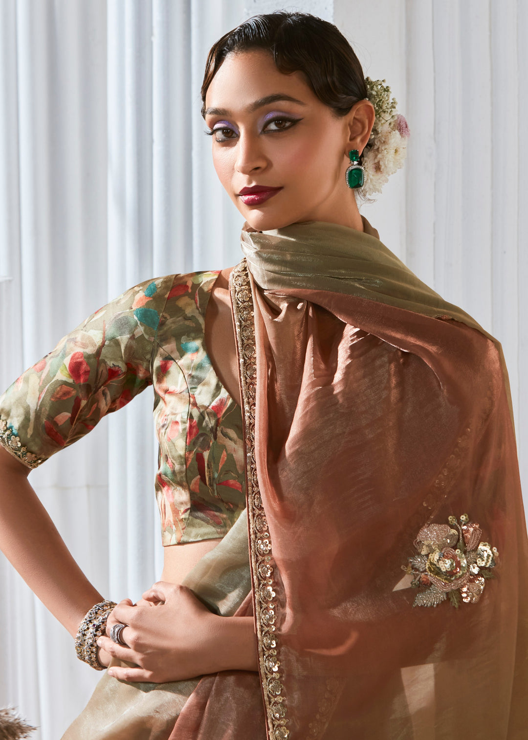 Mocha Brown Fancy Silk Saree With Printed Blouse
