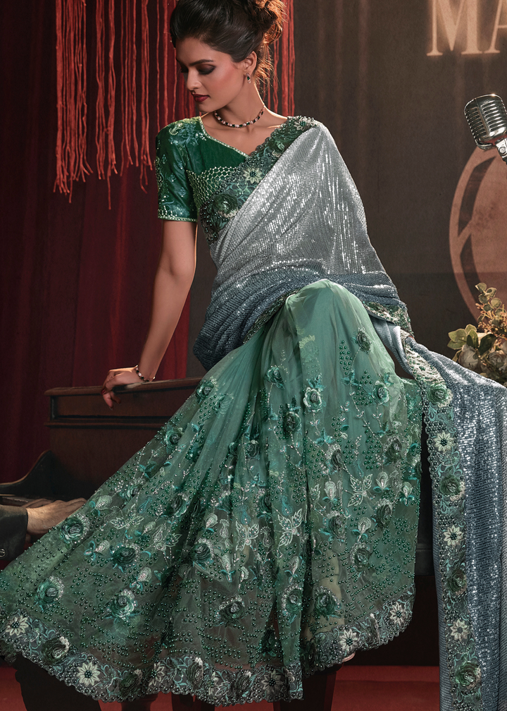 Shades Of Green Digital Net Saree with Thread, Sequence,Zarkan,Moti and Flower Applique work