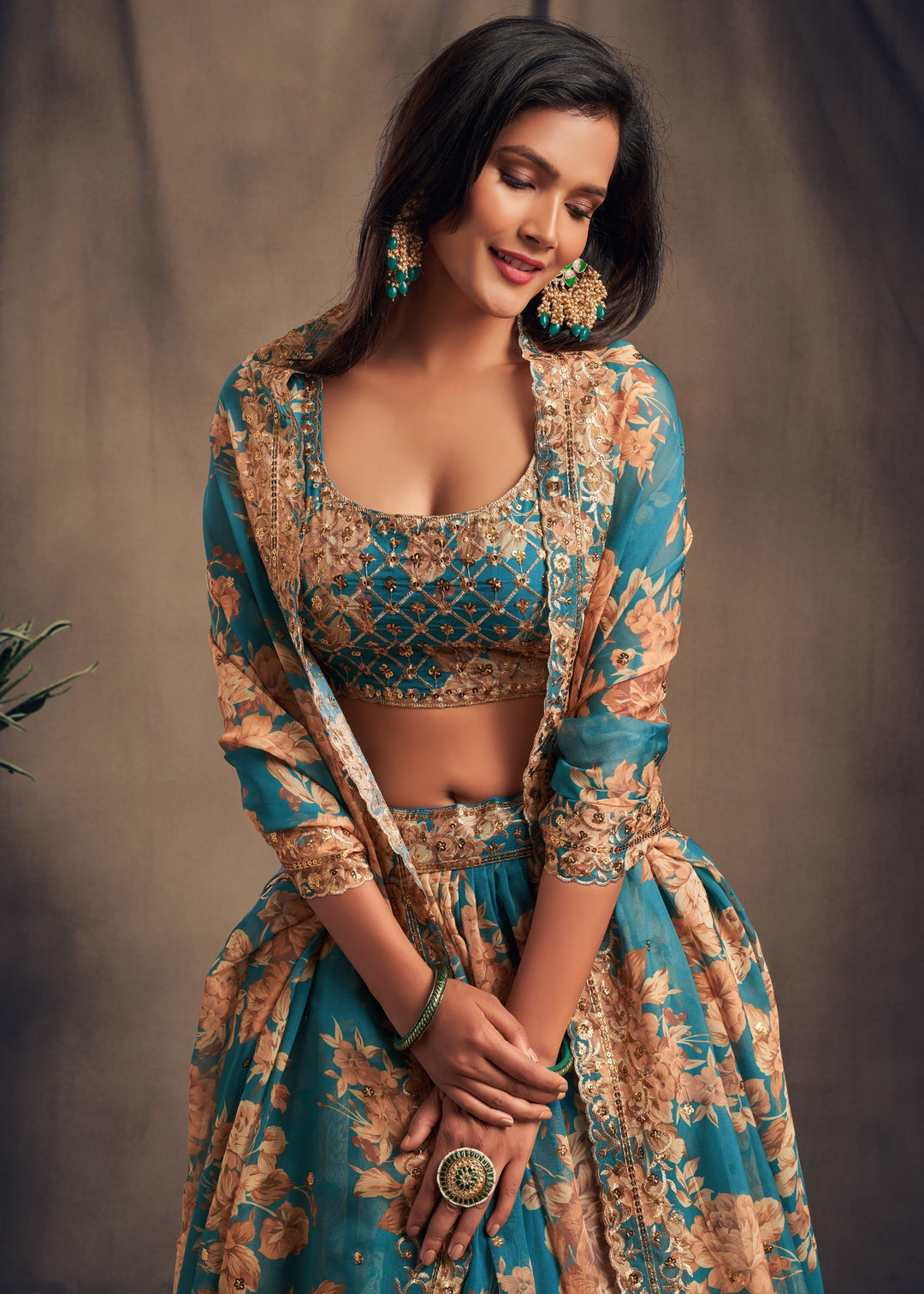 Teal Blue Organza Lehenga Sequins Zari Embroidery Work