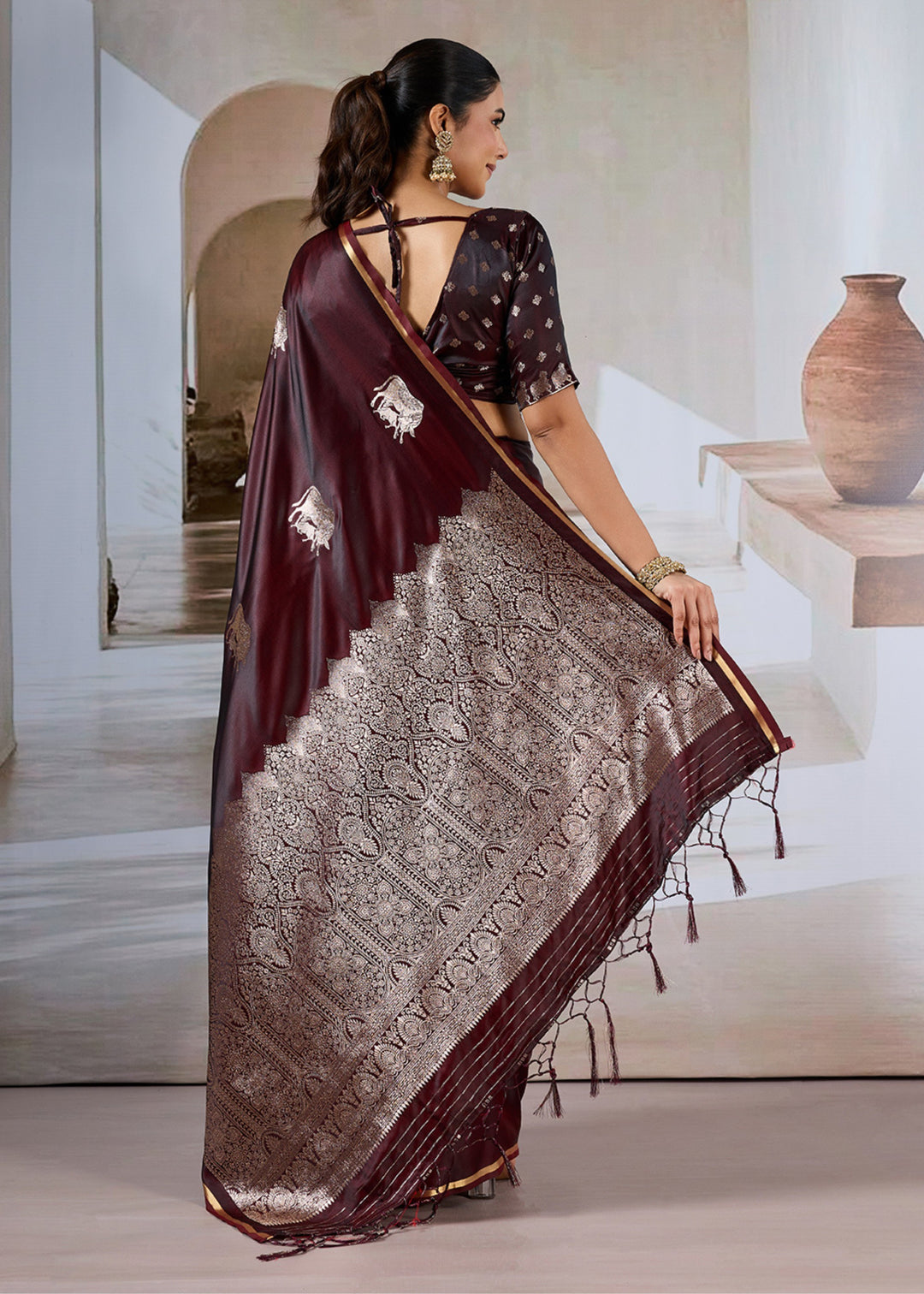Wine Red Pure Satin Handloom Weaving Saree