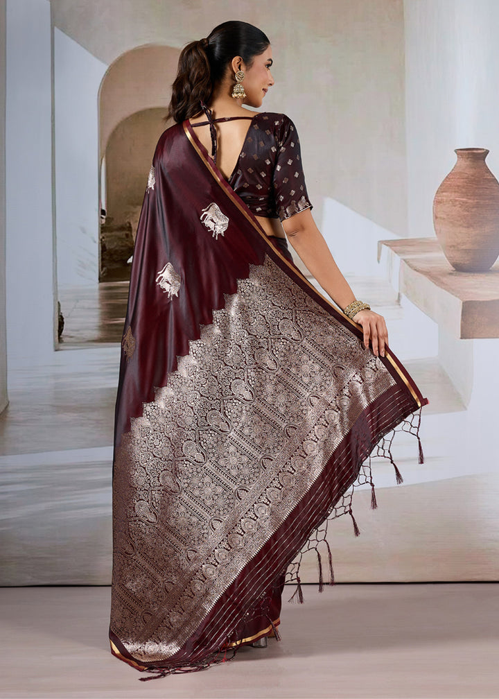 Wine Red Pure Satin Handloom Weaving Saree