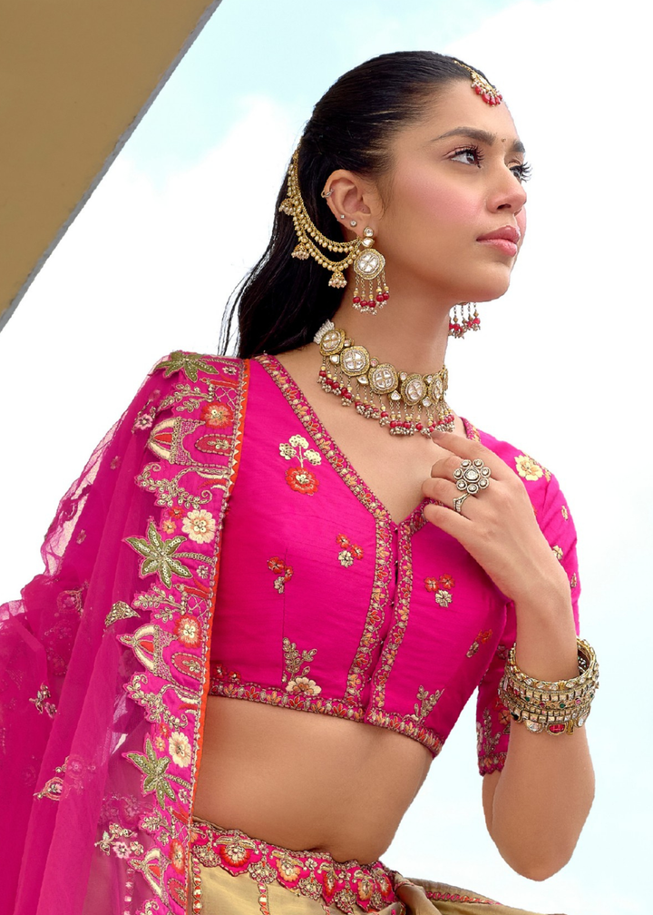 Rani Pink And Olive Green Silk Lehenga With Cut Work Border And Embroidery