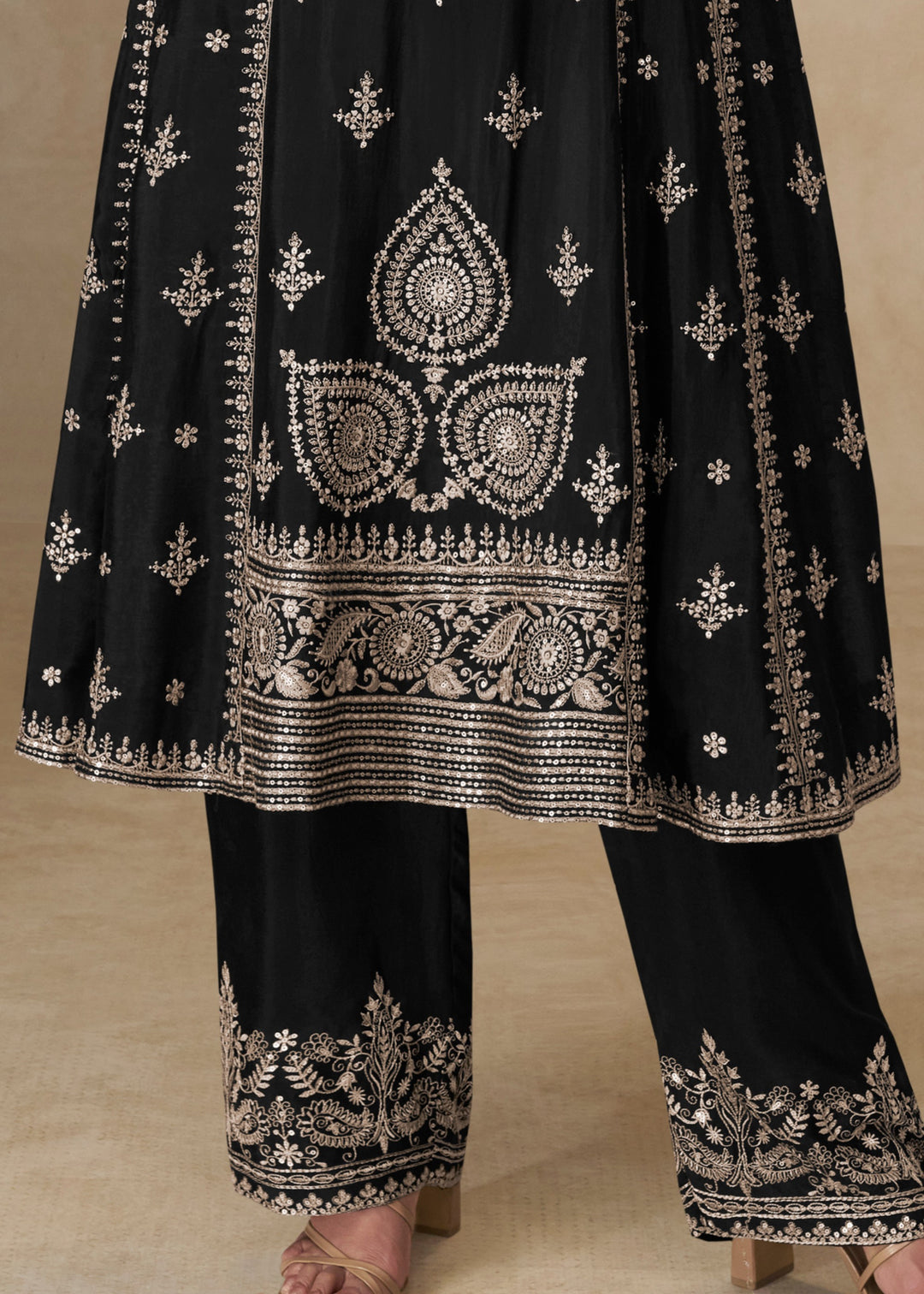 Raven Black Chinon Silk Suit With Embroidery Work
