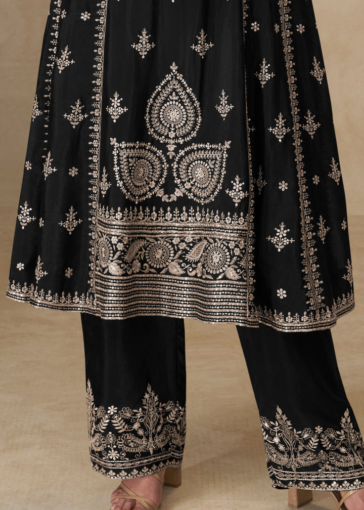 Raven Black Chinon Silk Suit With Embroidery Work