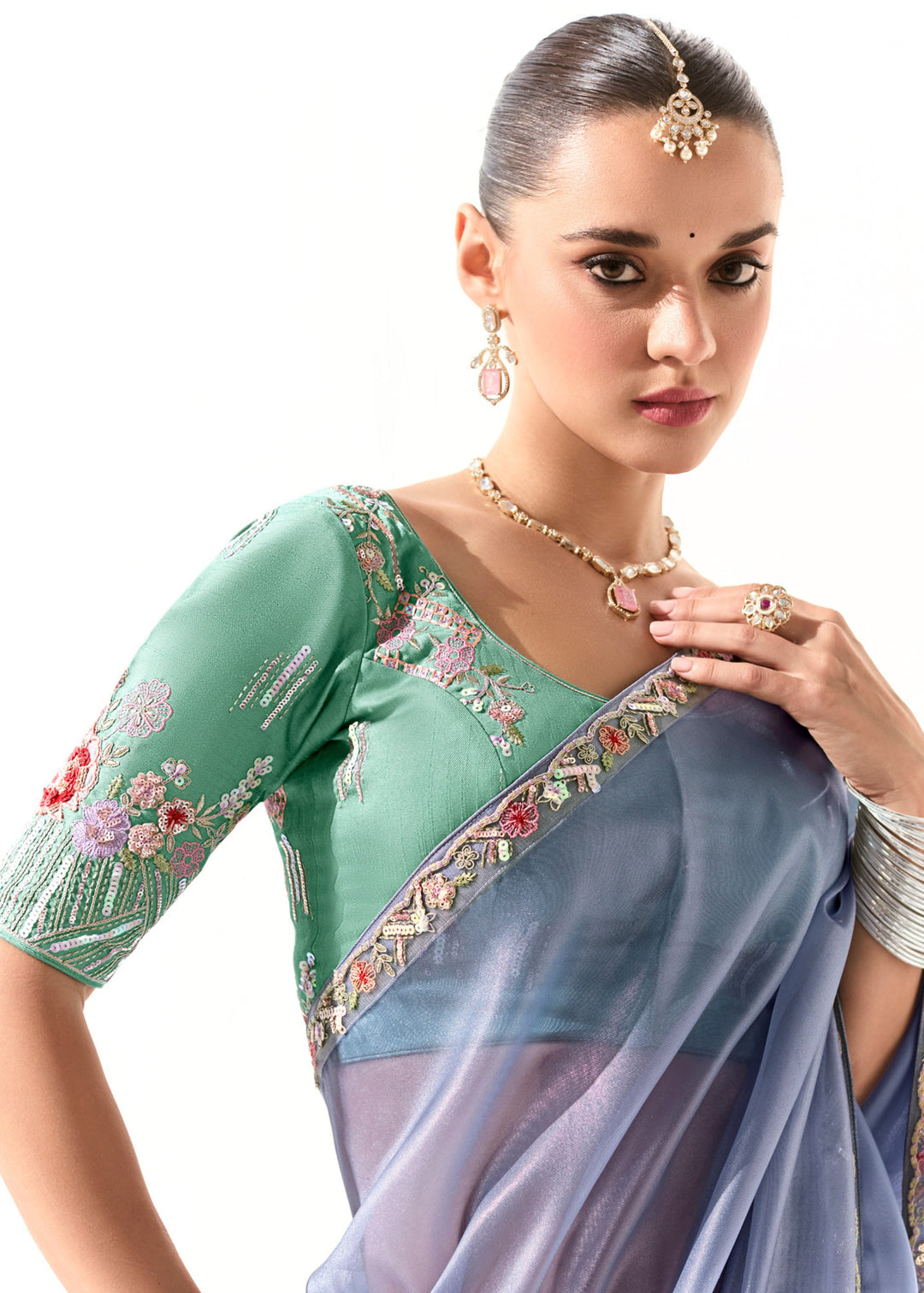 Cornflower Blue Organza Tissue Silk Saree With Heavy Work Border And Designer Blouse