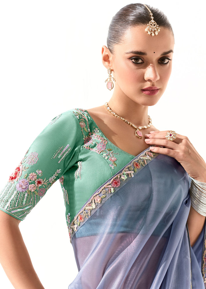 Cornflower Blue Organza Tissue Silk Saree With Heavy Work Border And Designer Blouse