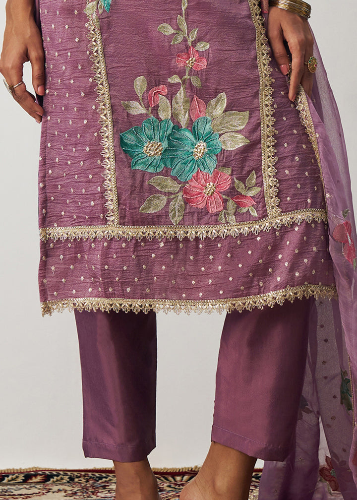 Purple Silk Pant Suit With Chiffon Dupatta