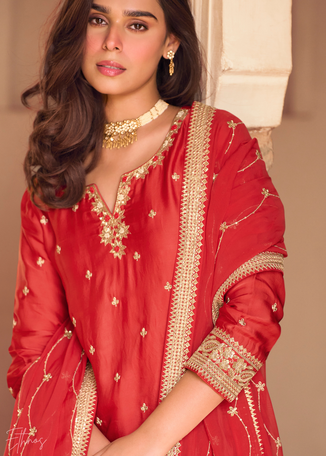 Candy Red Chinon Silk Sharara Suit