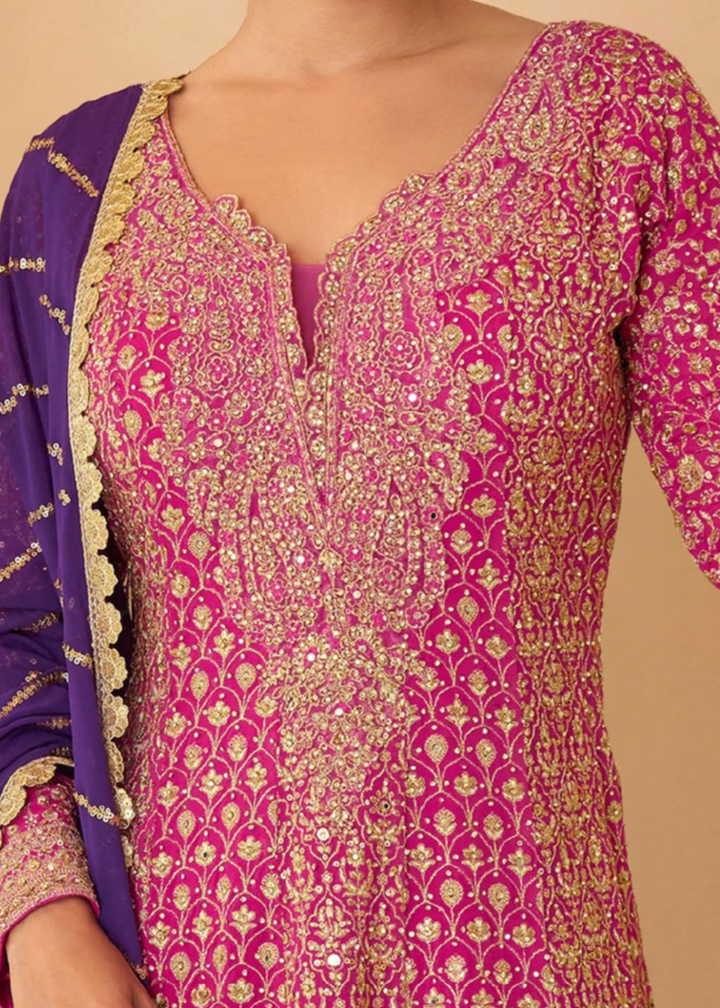 Hot Pink With Gold Embroidery Georgette Palazzo Suit