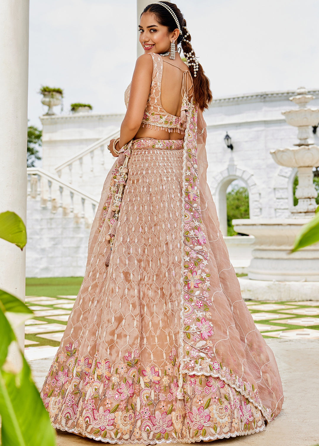Nude Satin Silk Lehenga Choli with Sequinned Embroidered
