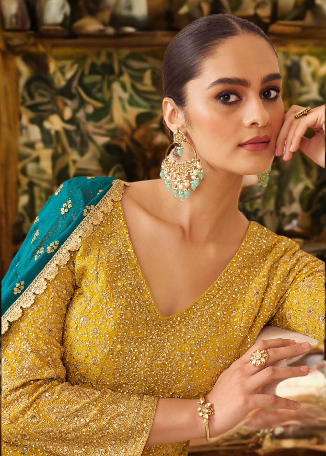 Lime Green Ombre With Gold Embroidery Georgette Palazzo Suit