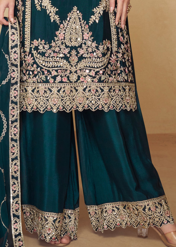 Prussian Green Chinon Palazzo Silk Suit With Beautiful Embroidery Work