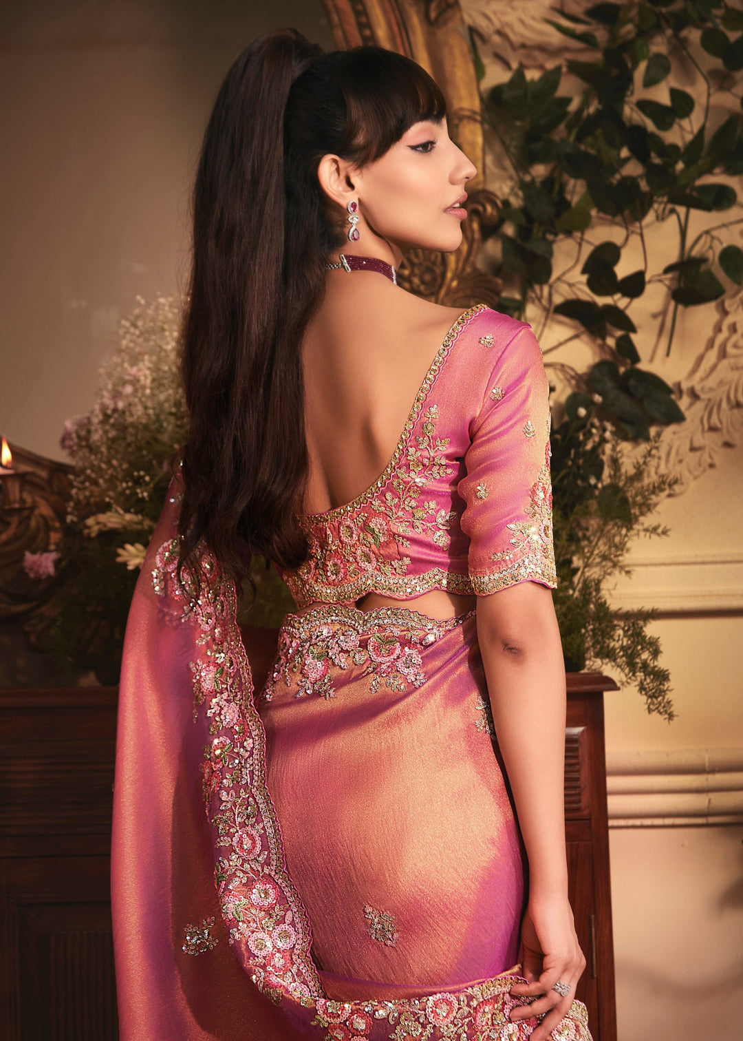 Deep Rose Pink Tissue Organza Saree With Heavy Embroidery