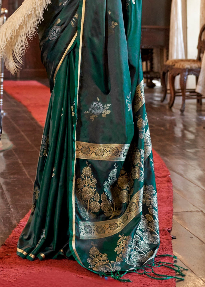 Dark Green Pure Satin Handloom Weaving Silk Saree