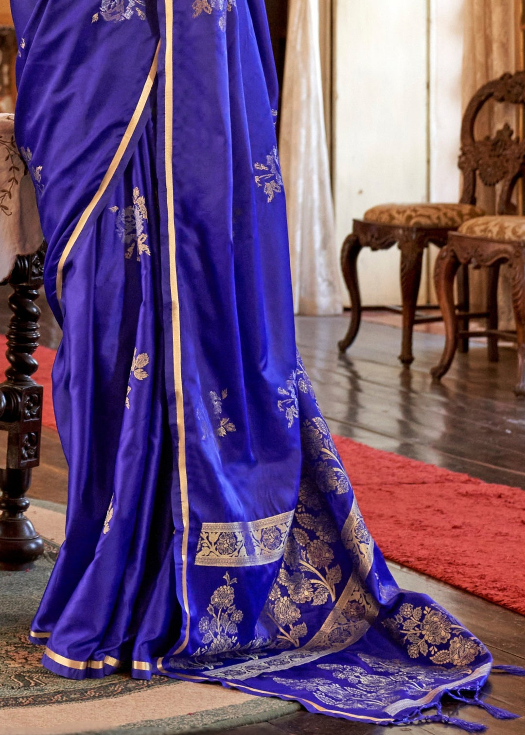 Blue Pure Satin Handloom Weaving Silk Saree