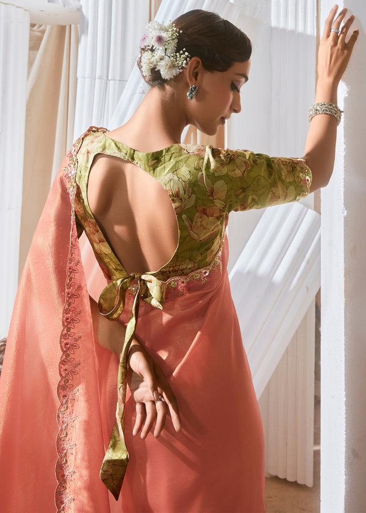 Salmon Orange Fancy Silk Saree With Printed Blouse