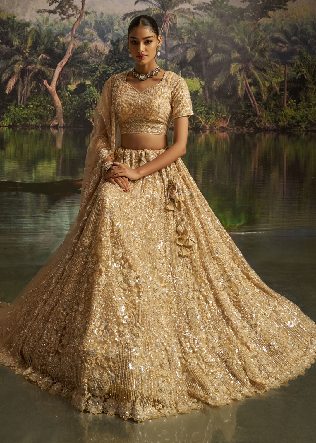 Golden beige Soft Net Lehenga with heavy embroidery