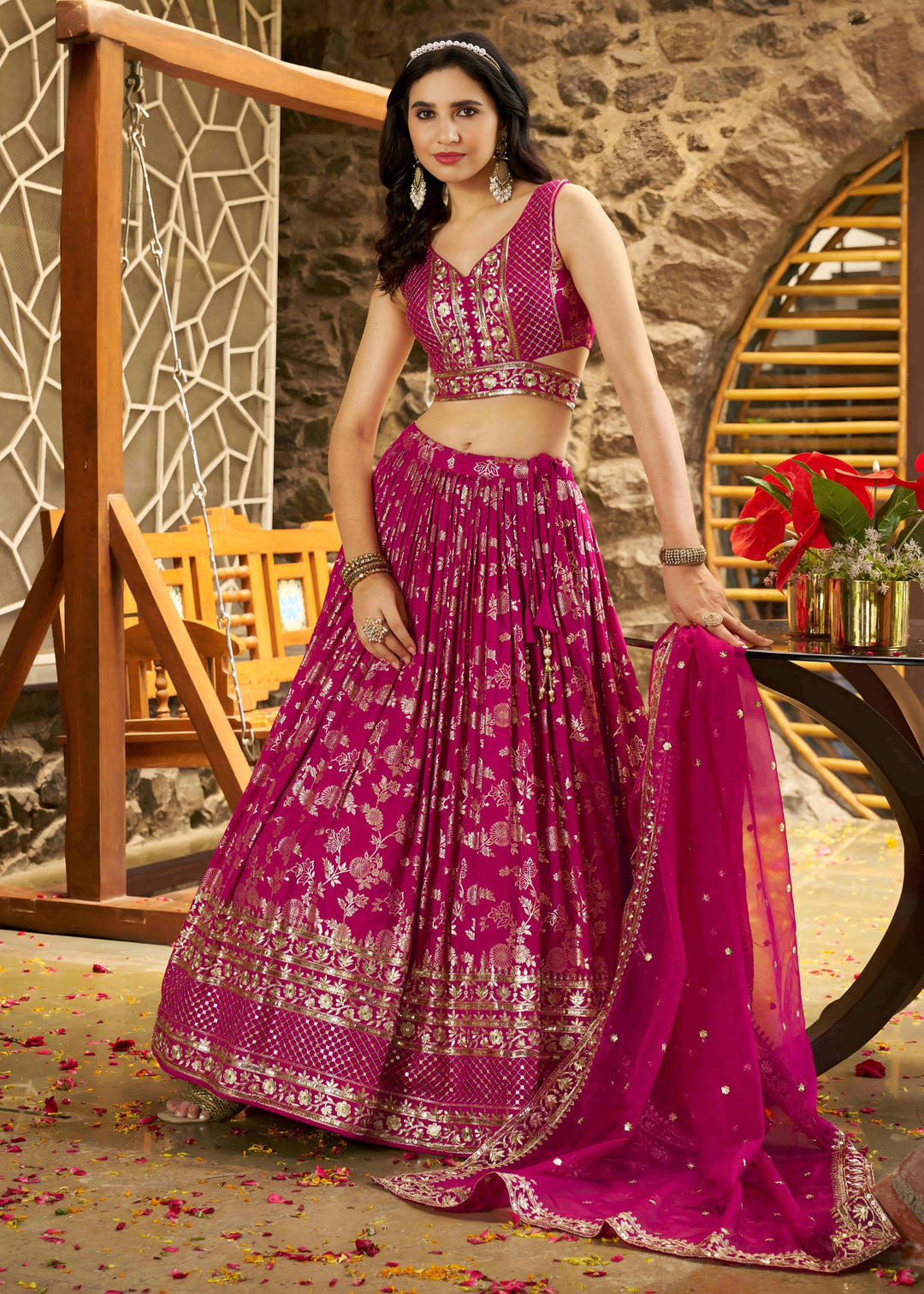 Rani Pink Sequins and Zari Embroidery Work Silk Lehenga