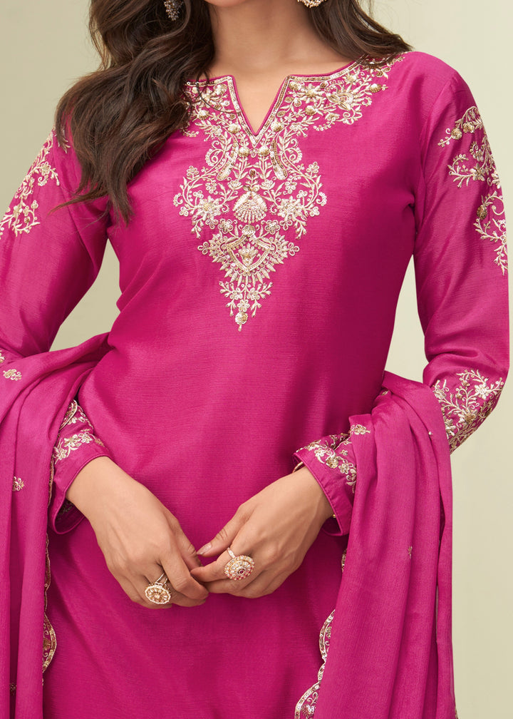 Bright Magenta/Pink With Golden Embroidery Chinnon Silk Salwar Suit