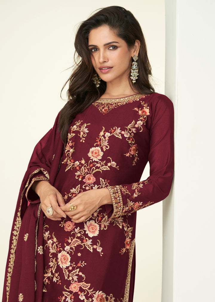 Currant Red Chinon SIlk Plazo Suit With Embroidered Work