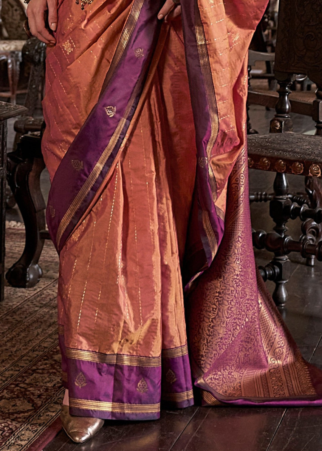 Coral Tussar Silk Handloom Weaving Saree