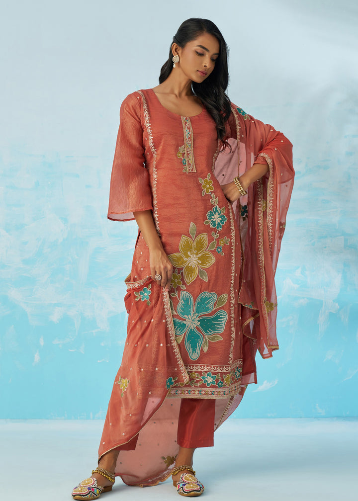 Burnt Coral Salwar Suit With Dupatta