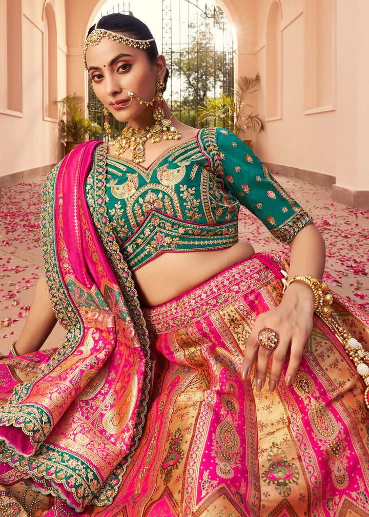 Magenta Pink Banarasi Silk Lehenga With Golden Zari Work
