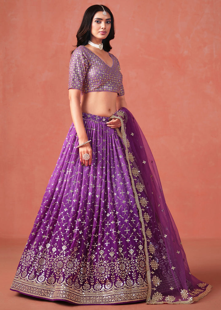 Purple Sequins Zari Embroidered Work Georgette Lehenga
