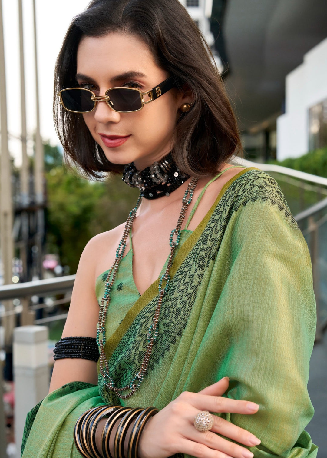 Dynasty Green Linen Tissue Silk Saree