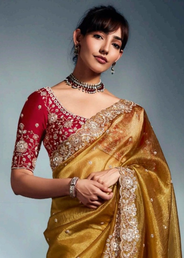 Goldenrod Pure Fancy Saree with Hand Worked Border