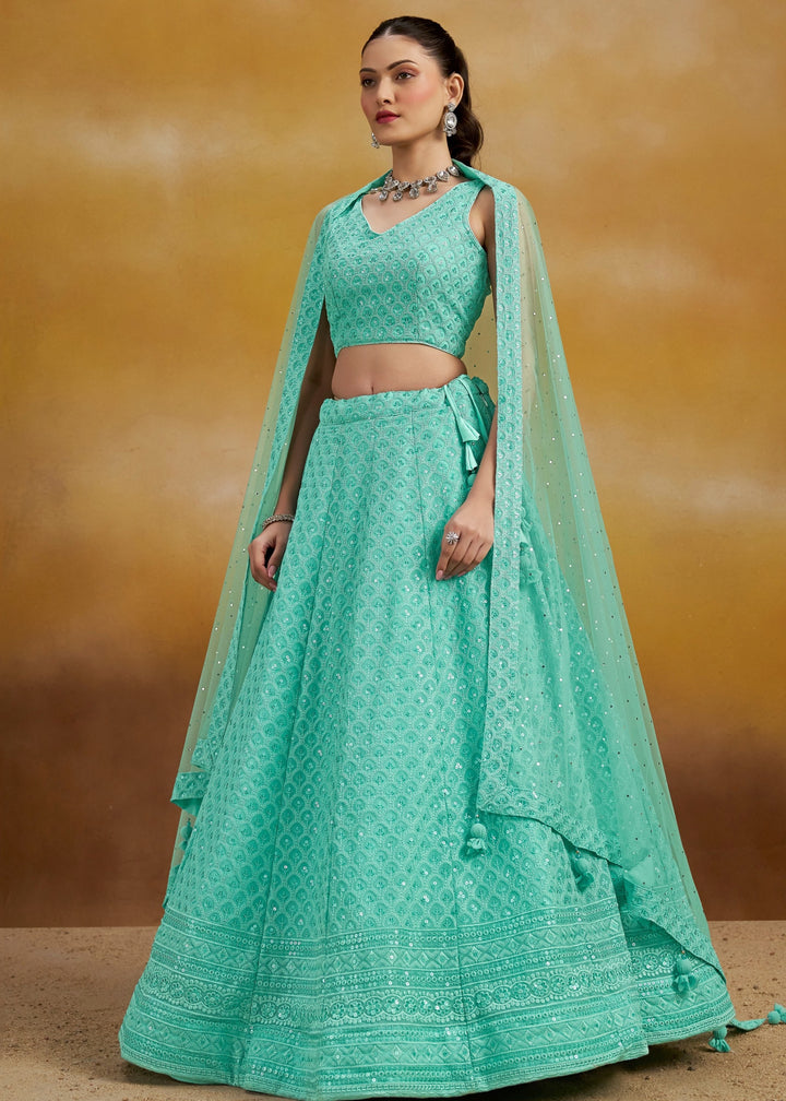 Sky Georgette Lehenga With Sequins and Thread Embroidered Work