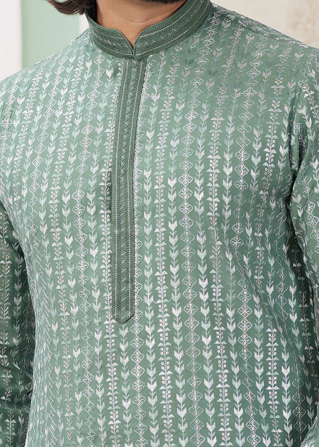 Ocean Green Silk Mens Kurta Set With Thread Embroidery Work