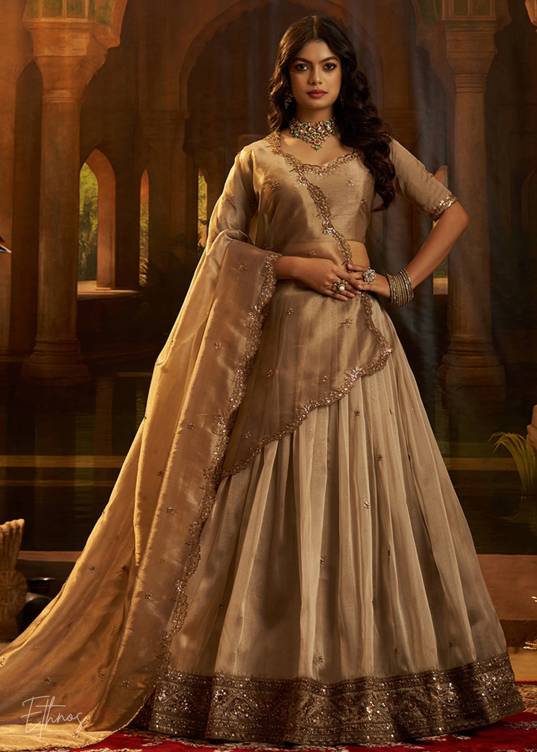Brown Organza Art Silk Lehenga