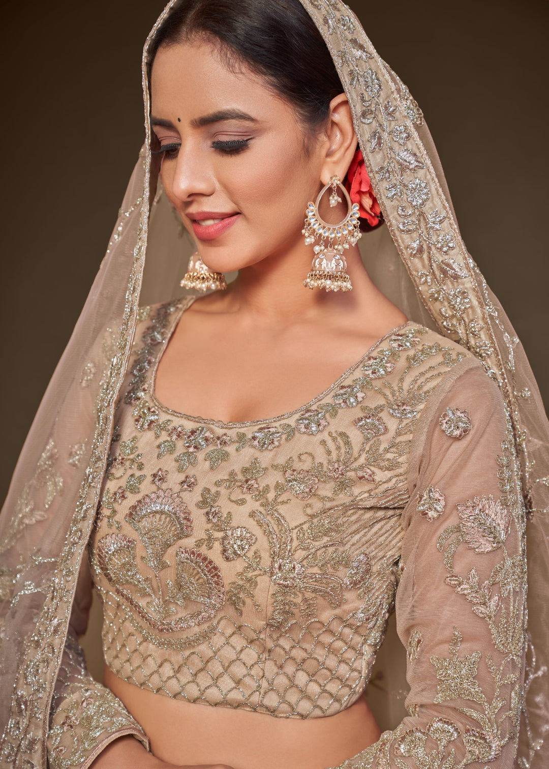 Beige Soft Net Lehenga with Thread, Zari, Badla and Glitter Dori Embroidery Work