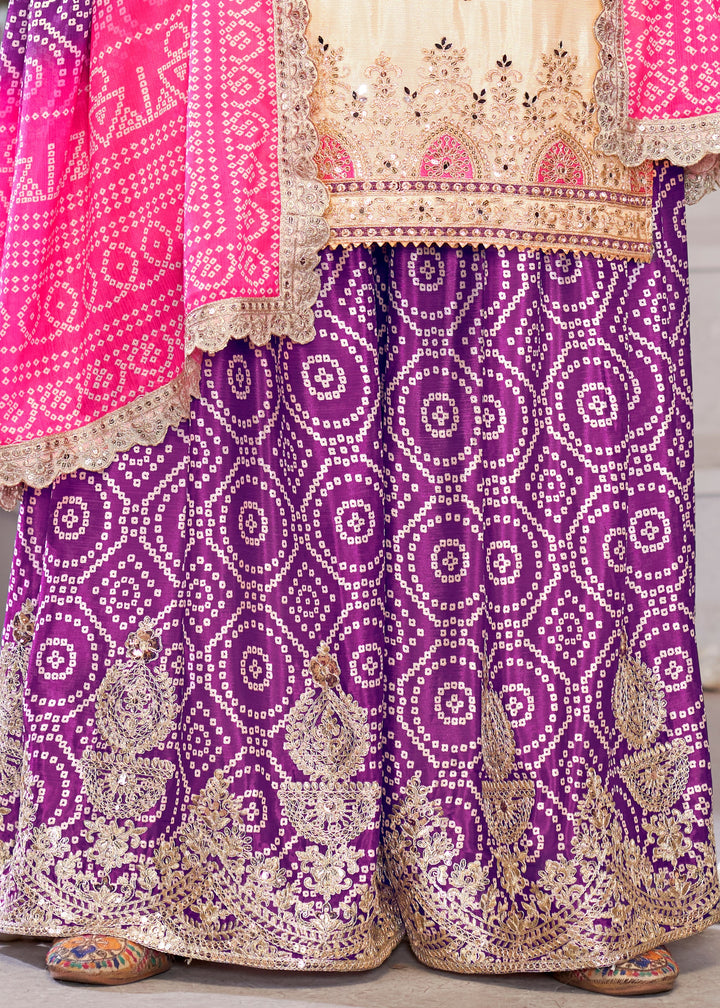 Purple And Pink Chinon SIlk Plazo Suit With Embroidered Work