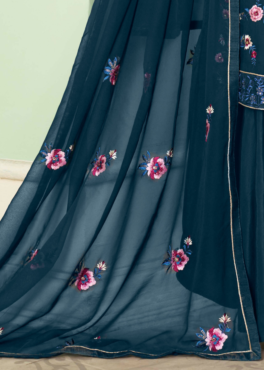 Cobalt Blue Georgette Salwar Suit with Multi Colour Thread Embroidery & Sequence work