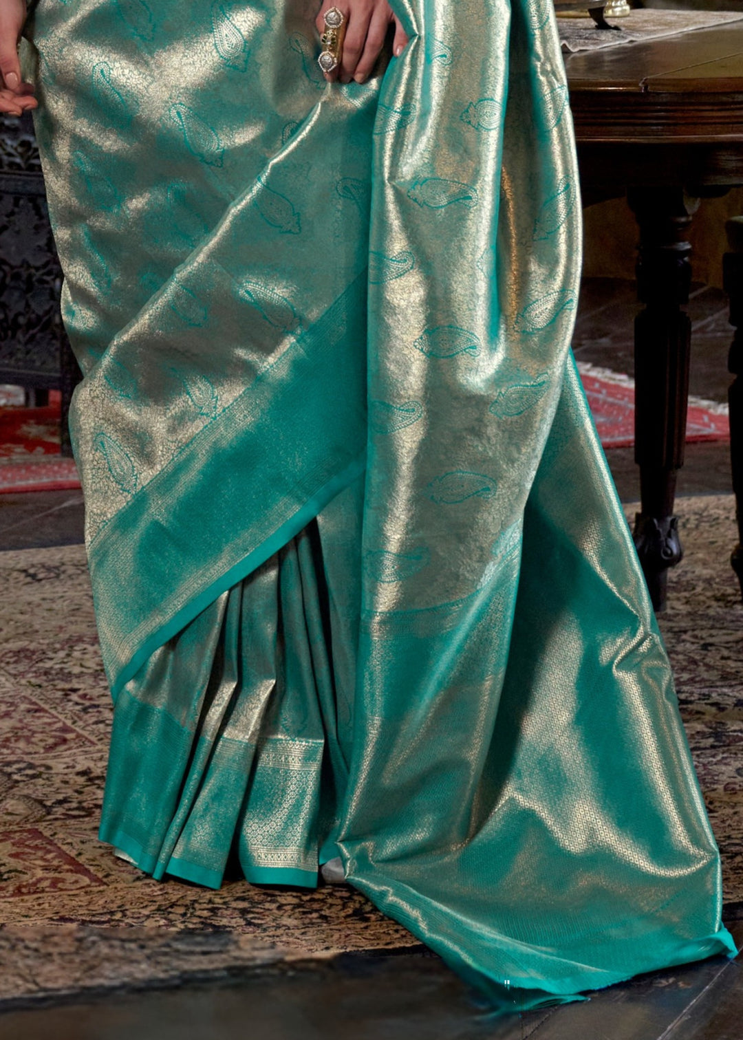 Aqua Green Pure Handloom Dharmavaram Weaving Silk Saree